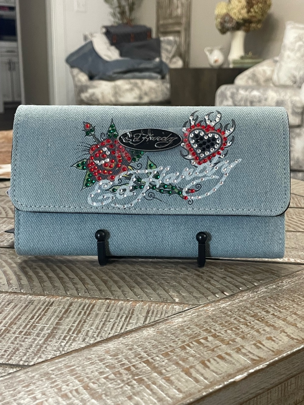 Ed Hardy Light Blue Denim Flap Clutch Wallet
